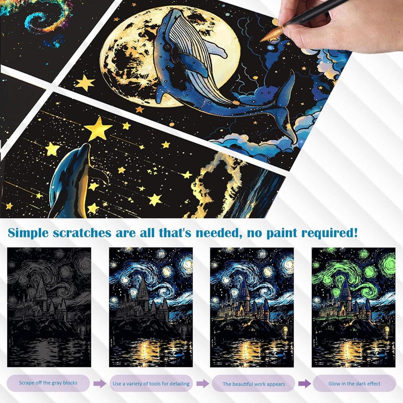 BulChign Scratchboard Art for Adult Luminous Scratch Painting Kits, A5 Scratch Art Rainbow Painting Paper 8 Sheet with 4 Tools, Scratchboard for Teens & Adults, Fun Creative Craft Toy/Gifts/Decor, Dreams - Image 3